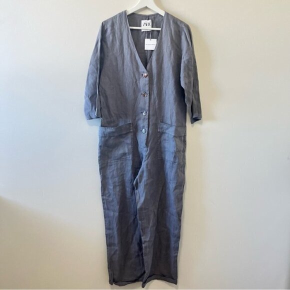 NWT Zara Gray Button Front Linen Lillian Jumpsuit Size S - Picture 7 of 15